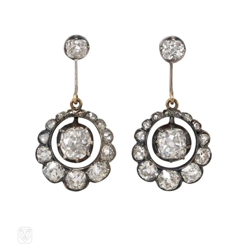 Women’s zirconia earrings-Antique cushion-cut diamond pendant earrings