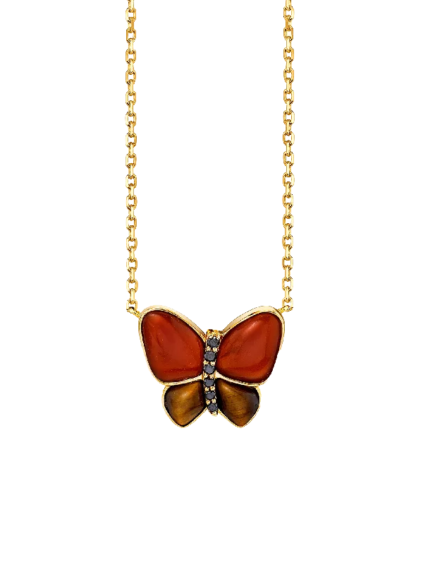 Women’s pearl and diamond necklaces-Hand Carved Butterfly Necklace - Red Agate Tigers Eye and Black Diamond / 14k Yellow Gold