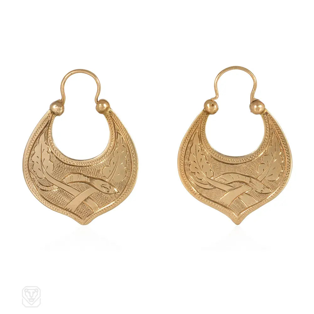 Women’s artistic earrings-Antique etched serpent hoop earrings