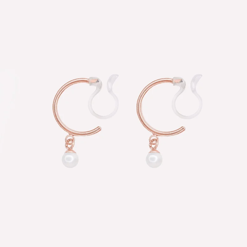 Women’s colorful earrings-PEARL DANGLE HUGGIE HOOP CLIP-ON EARRINGS IN ROSE GOLD