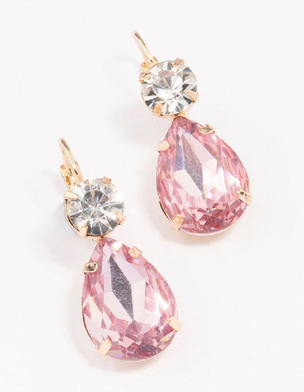 Women’s bridal earrings-Gold Pink Pear Crystal Drop Earrings