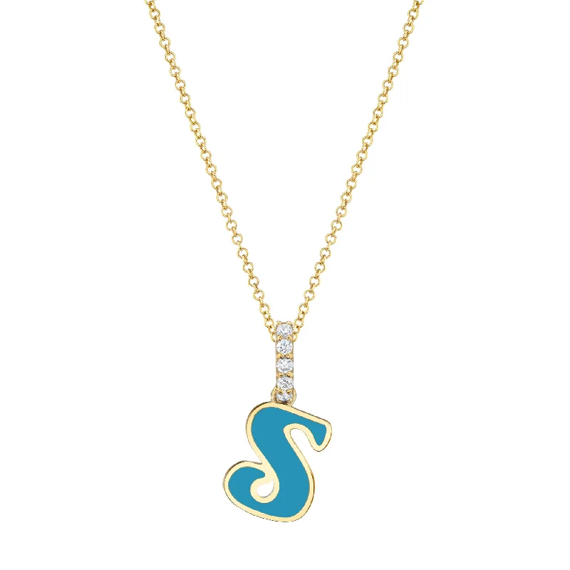 Women’s vintage gold necklaces-Enamel Letter Pendant - White Diamond and Turquoise Enamel / 14k Yellow Gold