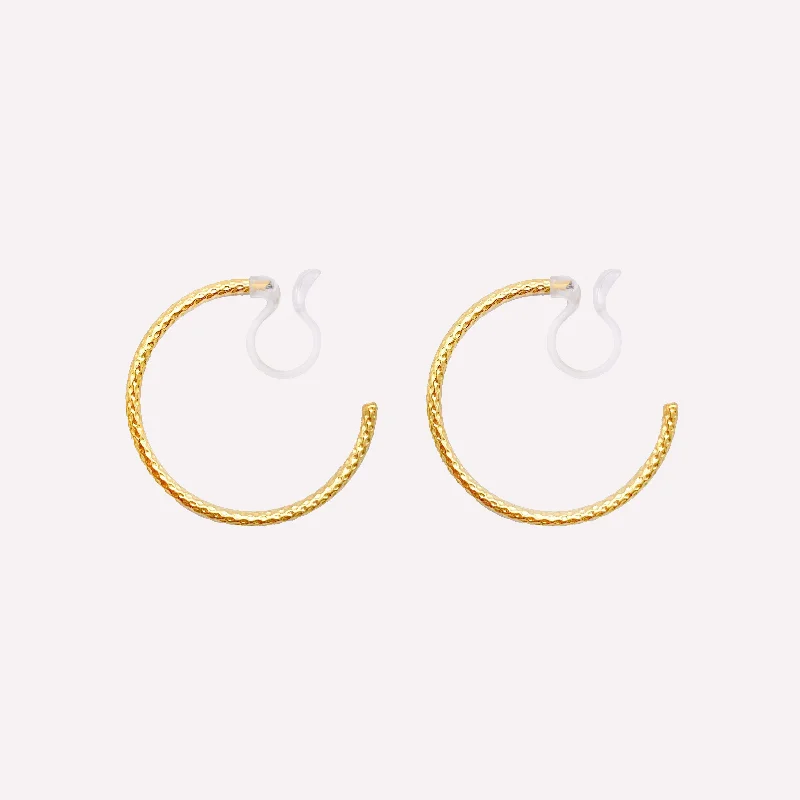 Women’s silver hoop earrings with diamonds-MEDIUM TEXTURED HOOP CLIP-ON EARRINGS IN GOLD