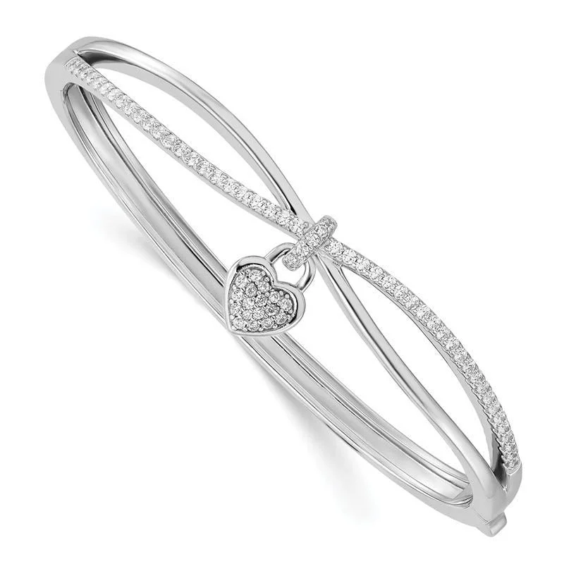 Women’s bangle bracelet sets-Sterling Silver Rhodium-plated CZ Heart Dangle Hinged Bangle