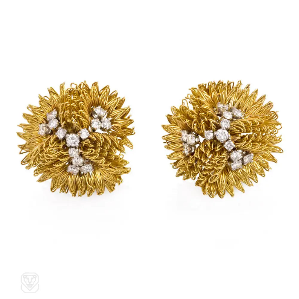 Women’s vintage pearl earrings-Cartier, France gold and diamond wirework earrings