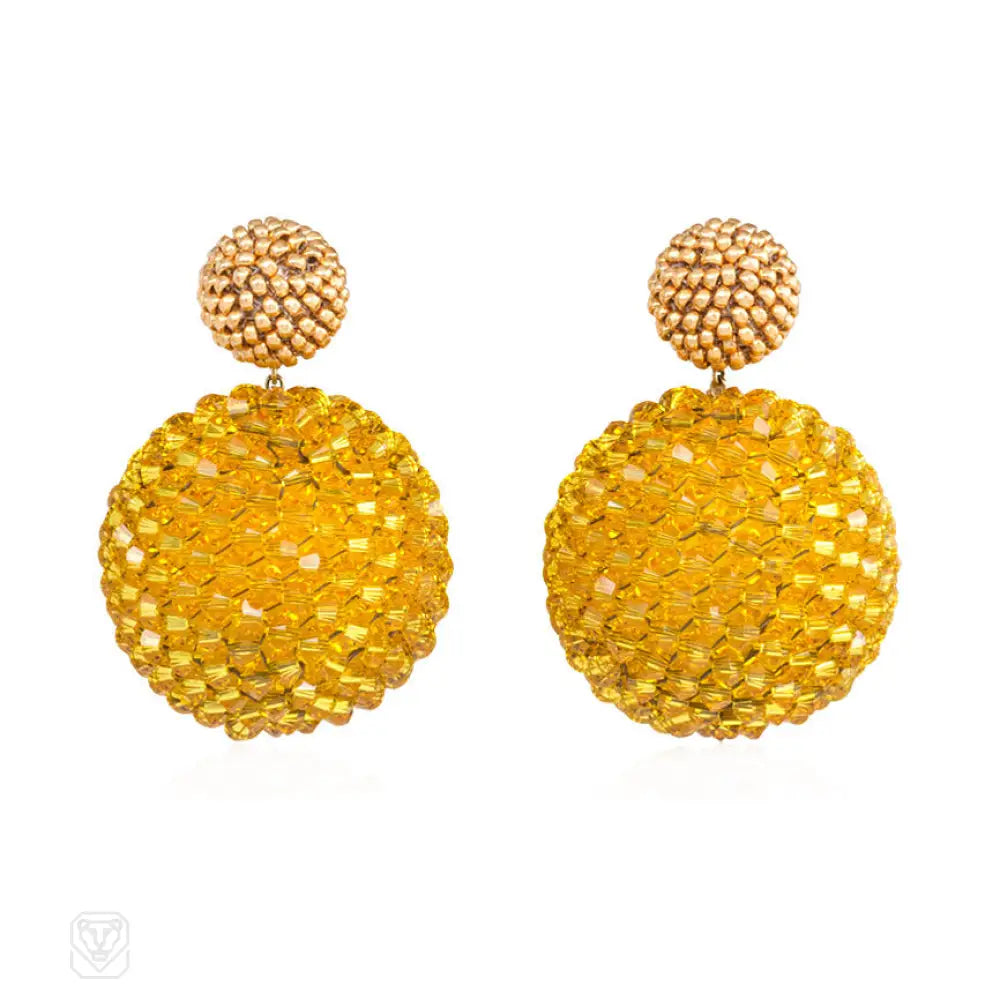 Women’s ethnic earrings-Gold-plated and sunflower yellow beaded earrings