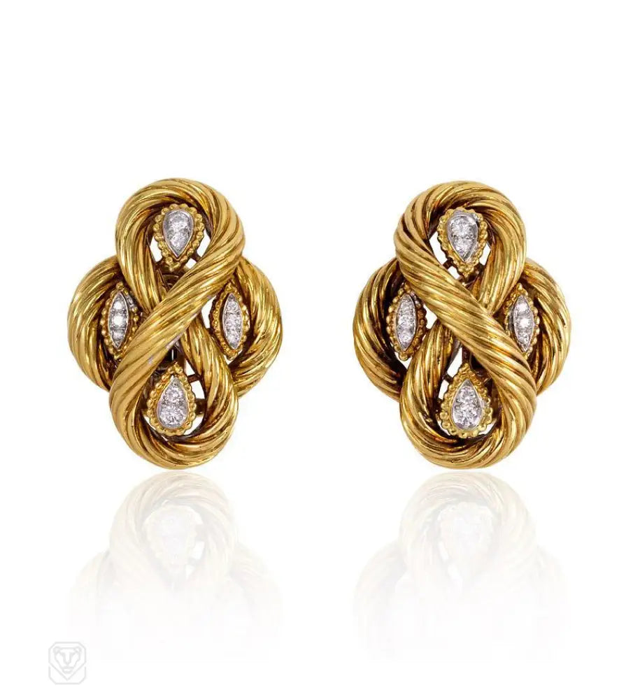 Women’s small hoop earrings-Gold and diamond earrings of knotted design, Van Cleef & Arpels