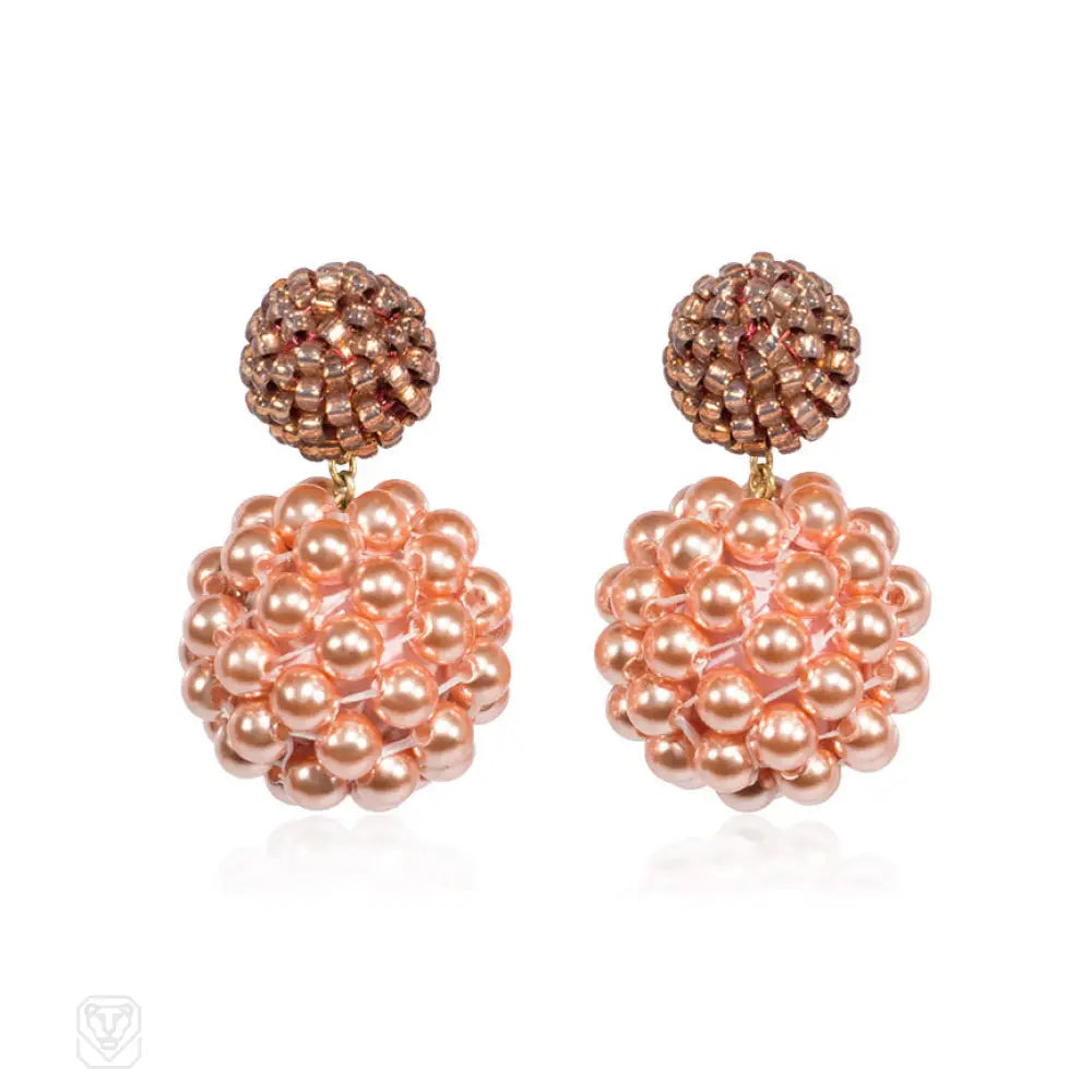 Women’s drop earrings-Peach colored glass bead and faux pearl earrings