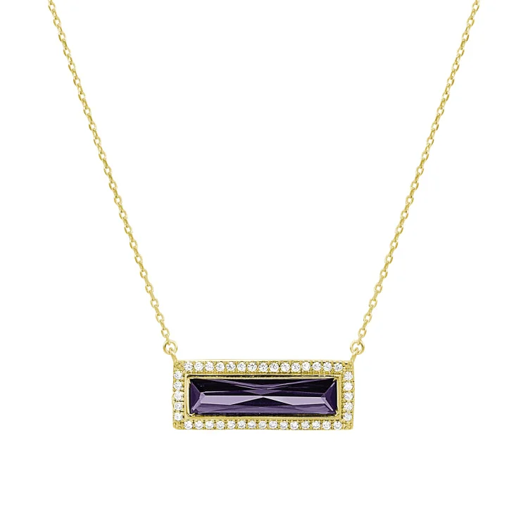 Women’s cubic zirconia necklaces-Gold Finish Sterling Silver Necklace with Rectangular Simulated Amethyst Stone and Simulated Diamonds on 16" - 18" Chain