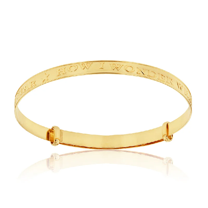 Women’s engraved gold bracelets-9ct Yellow Gold Twinkle 3mm Expandable Baby Bangle In Box