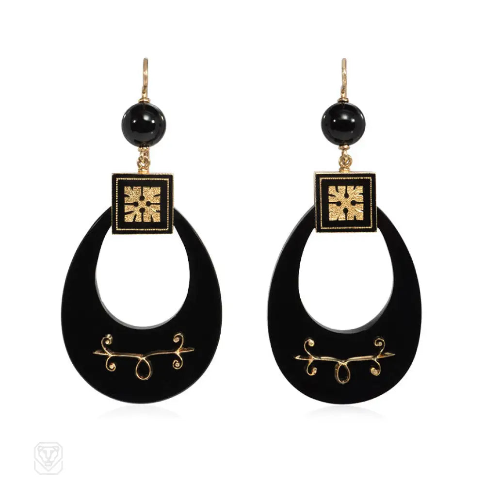 Women’s designer earrings-Antique onyx and enamel hoop earrings