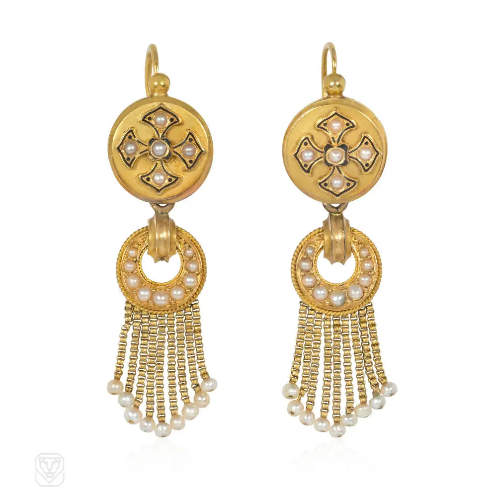 Women’s moonstone earrings-Antique French Import gold, pearl, and enamel fringe earrings