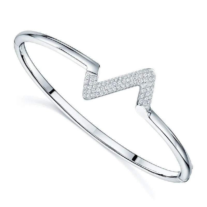 Women’s engraved gold bracelets-18ct White Gold Pave Diamond Zig Zag Hinged Bangle