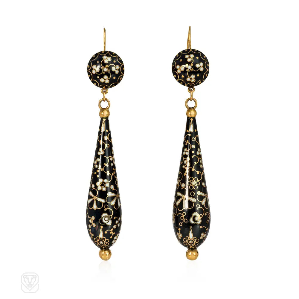 Women’s cubic zirconia earrings-Victorian black and white Swiss enamel foliate design earrings