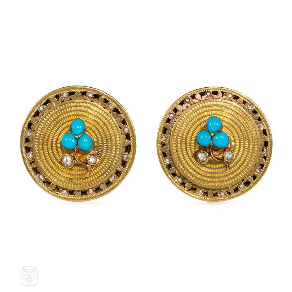 Women’s custom earrings-Antique gold, turquoise and diamond earrings