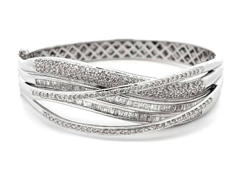 Women’s diamond cuff bracelets-Baguette and Brilliant Cut Diamond Multi Row Hinged Bangle in 18k White Gold