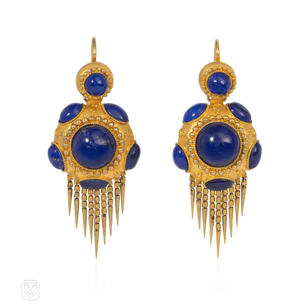 Women’s contemporary earrings-Antique English gold and cabochon lapis earrings