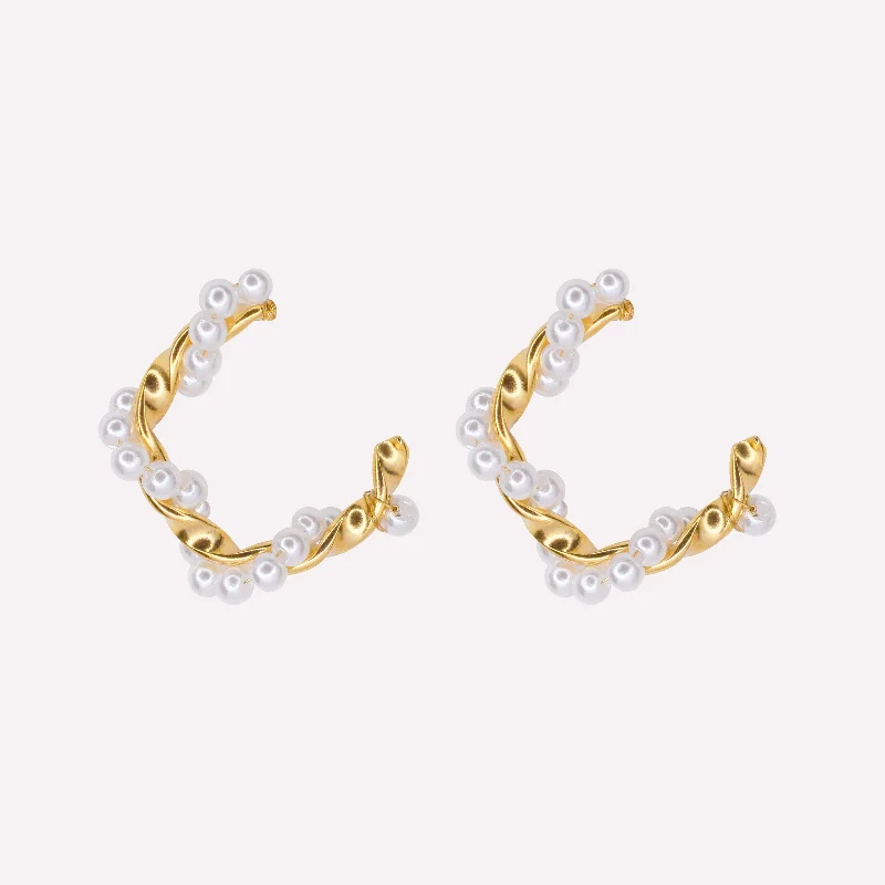 Women’s gemstone earrings-TWIST PEARL HOOP CLIP-ON EARRINGS IN GOLD