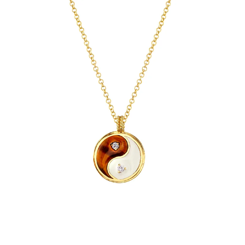 Women’s love heart necklaces-Hand Carved Yin Yang  Necklace - White Diamond / 14k Yellow Gold