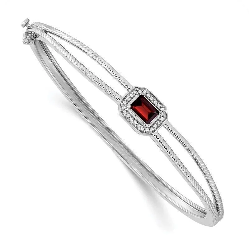 Women’s sparkly cuff bracelets-14k White Gold Emerald-shape Garnet and Diamond Halo Bangle