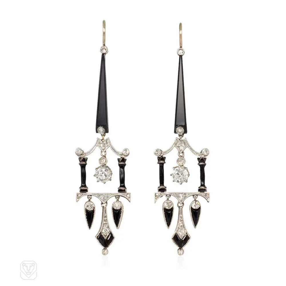 Women’s elegant earrings-Art Deco onyx, diamond and enamel earrings