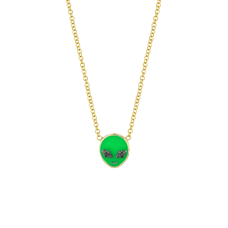 Women’s gemstone heart necklaces-Enamel Charm Necklace - Black Diamond and Alien / 14k Yellow Gold