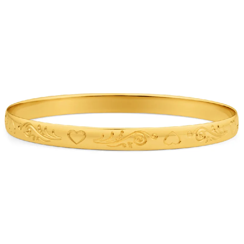 Women’s fashion bangles-9ct Yellow SOLID Gold Engraved Heart Pattern Bangle