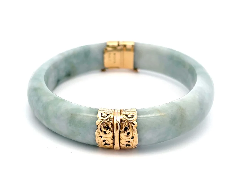 Women’s birthstone bangles-Mings Hawaii Green Jade Hinged Bangle 14K Yellow Gold