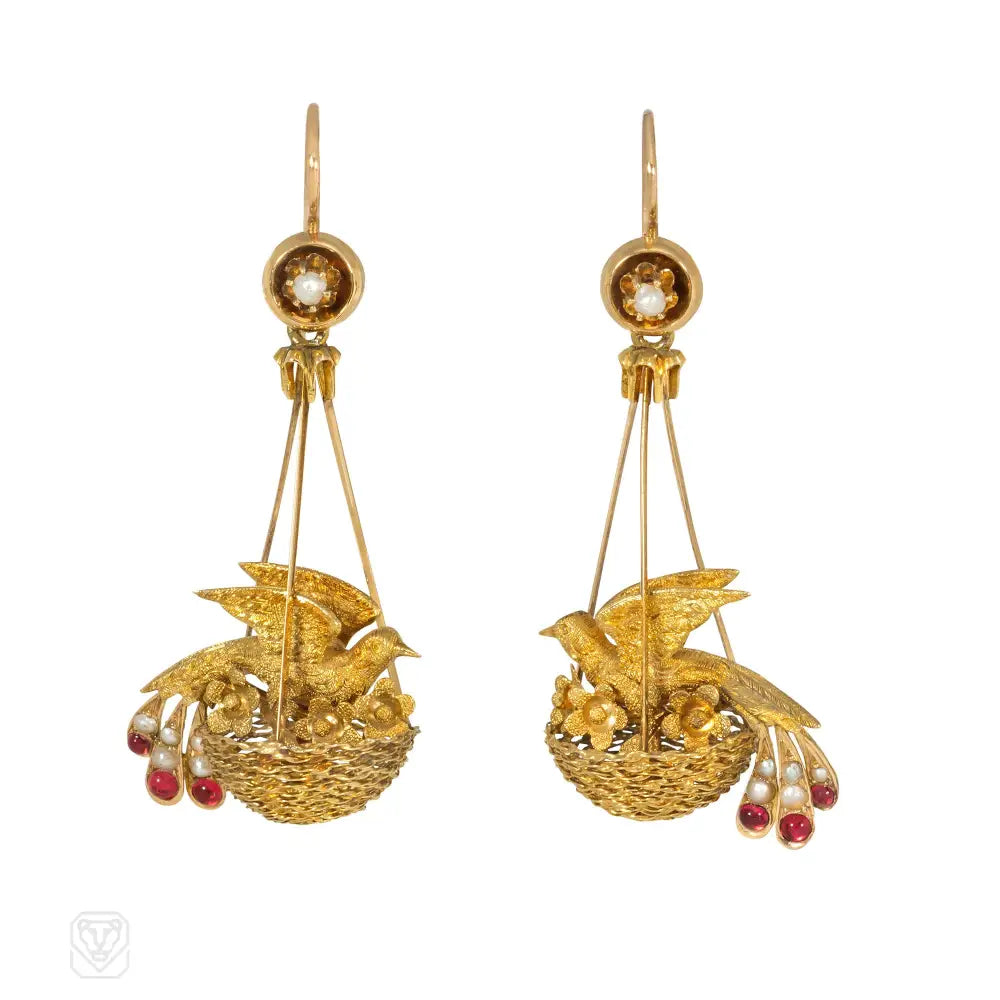 Women’s luxury drop earrings-Antique gold nesting bird earrings