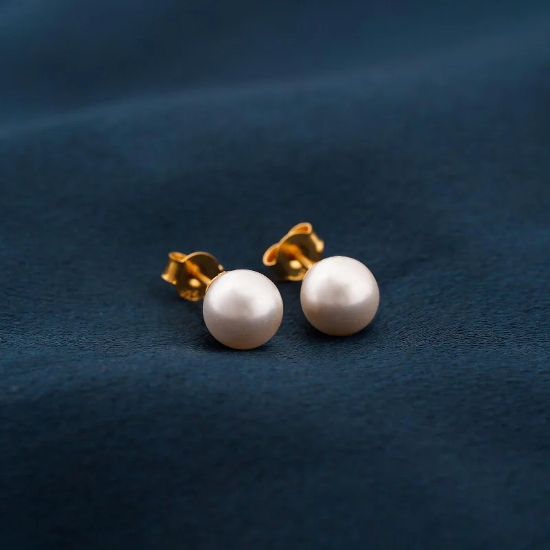 Women’s sparkling earrings-Golden Pearl Moon Stud Earrings