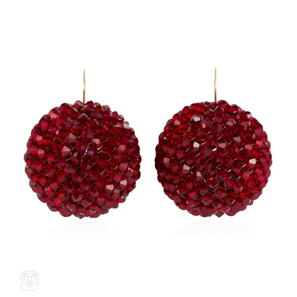 Women’s rose gold earrings-Red crystal beaded ball earrings