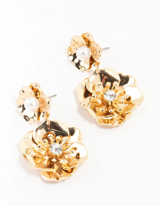 Women’s halo earrings-Gold Diamante Double Flower Drop Earrings