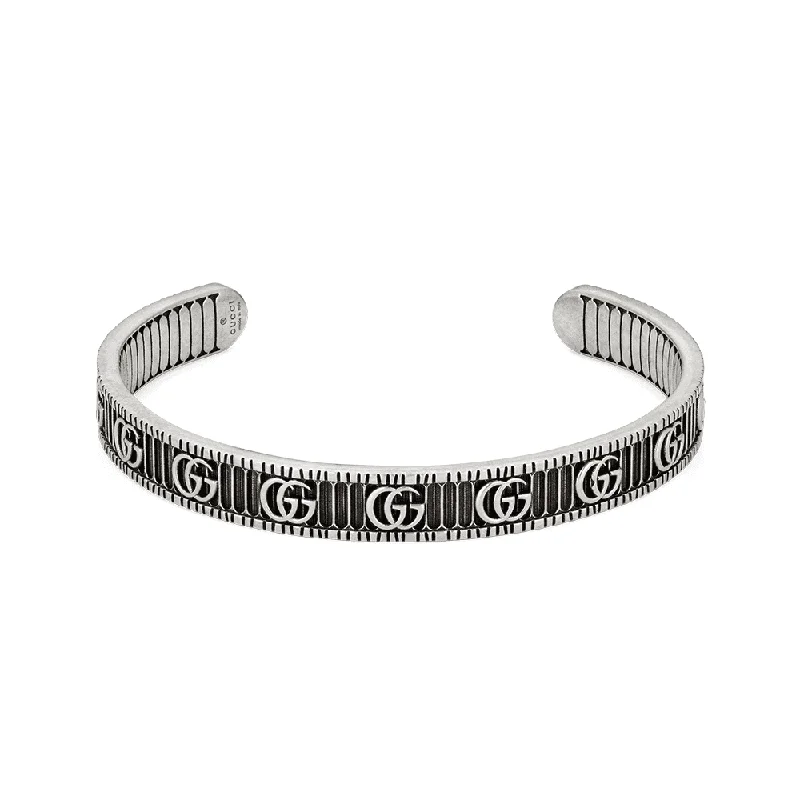 Women’s engraved bracelets-GG Marmont Aged Sterling Silver Double G Motif Bangle