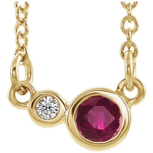 Women’s choker necklace with diamonds-14KT GOLD GENUINE RUBY & DIAMOND 2 STONE BEZEL-SET PETITE NECKLACE