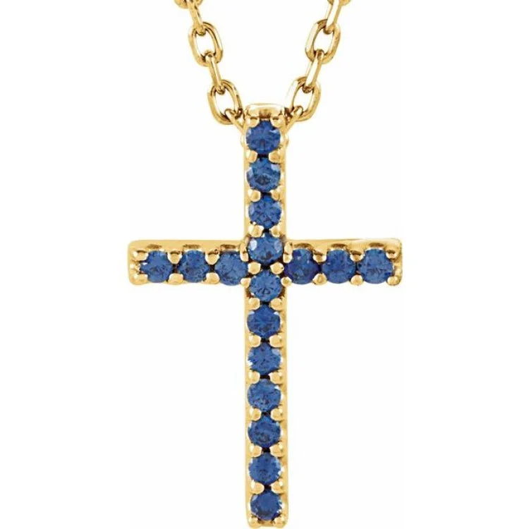 Women’s layered silver necklaces-14K Yellow Natural Blue Sapphire Petite Cross 16" Necklace