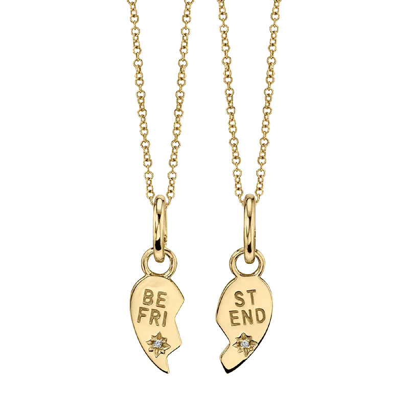 Women’s gold pendant necklaces-Best Friends Heart Pendant Set - White Diamond / 14k Yellow Gold