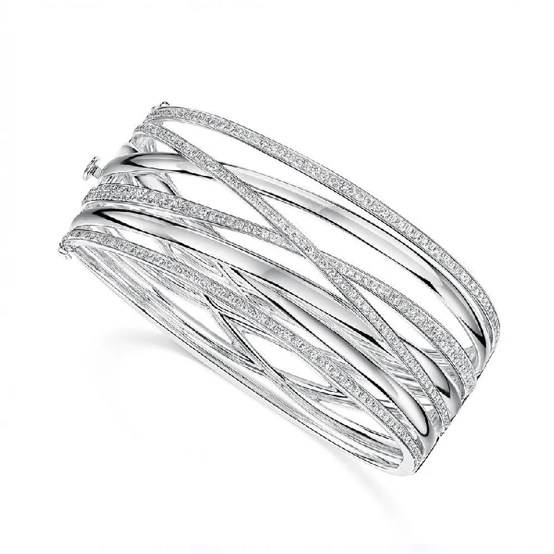 Women’s birthstone bangles-18ct White Gold Broad Seven Strand Pave & Polished Cross Over Hinged Bangle