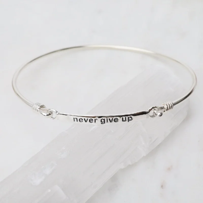 Women’s leather bracelets-"Never Give Up" Front Latching I.D Bangle