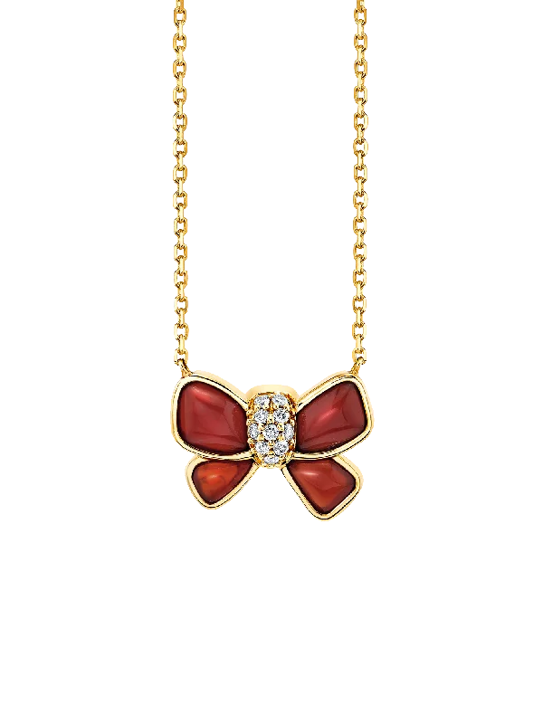 Women’s antique-style necklaces-Hand Carved Bow Necklace - White Diamond and Red Agate / 14k Yellow Gold