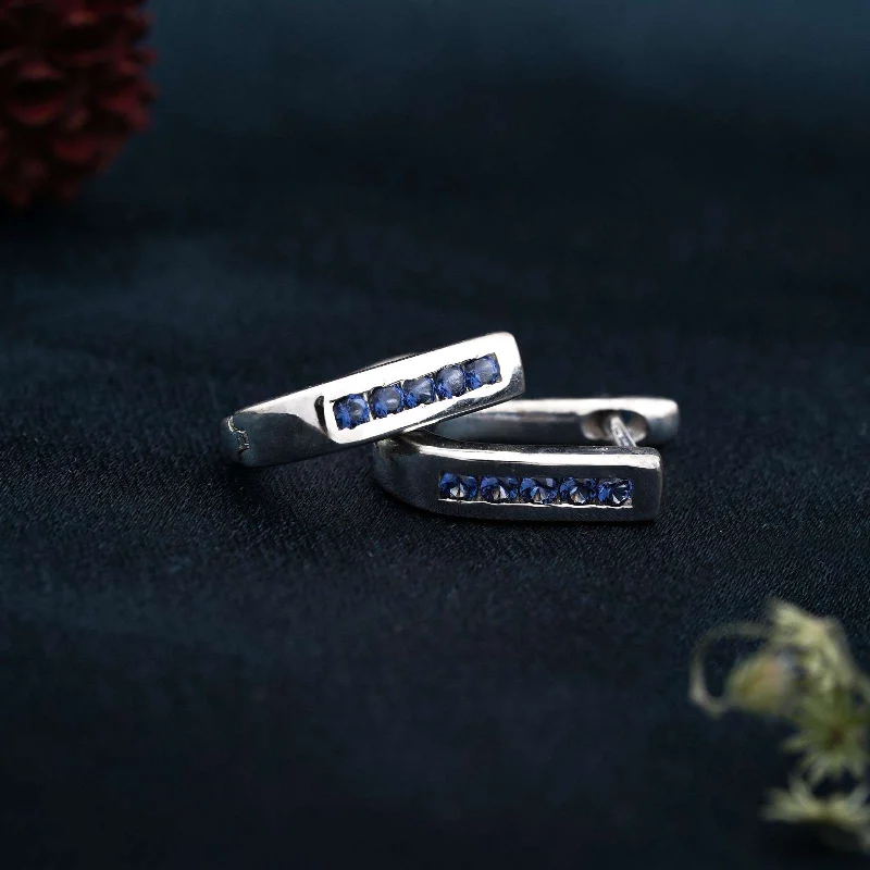 Women’s bar earrings-Silver Royal Blue Bar Hoop