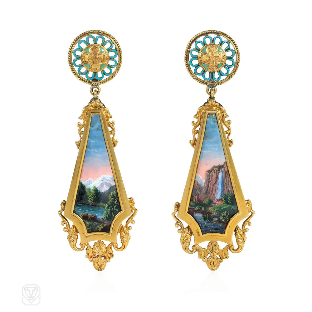 Women’s elegant pearl earrings-Antique gold and Swiss enamel pendant earrings