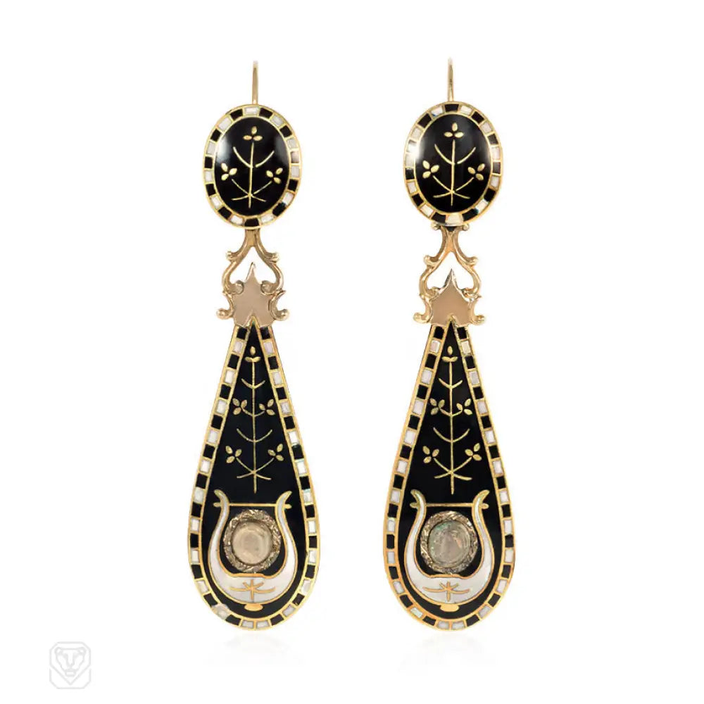 Women’s crystal drop earrings-Antique gold and Swiss enamel earrings