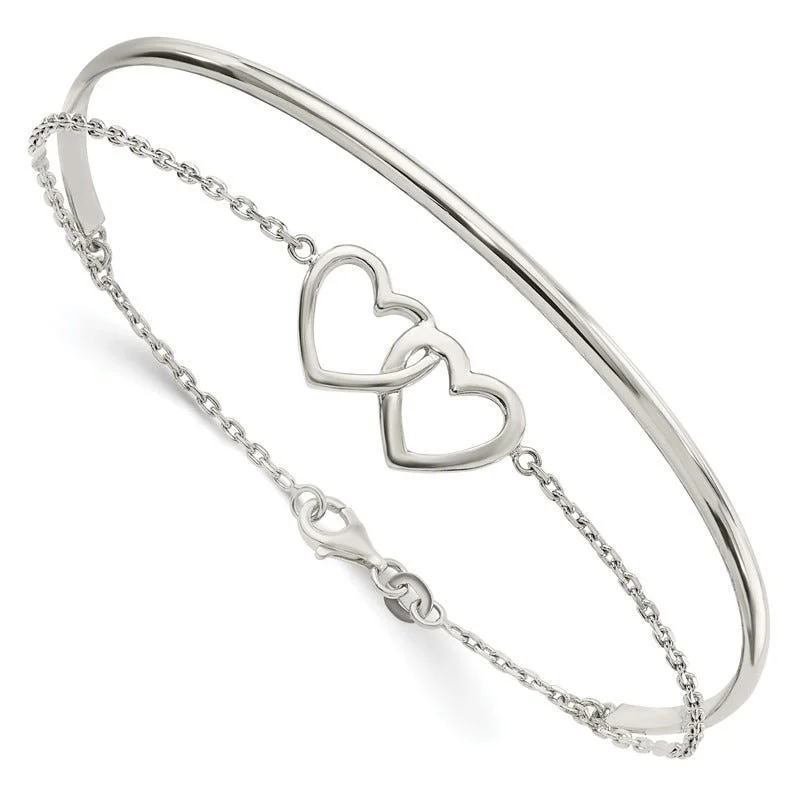 Women’s engraved charm bracelets-Sterling Silver Polished Double Heart and Bangle