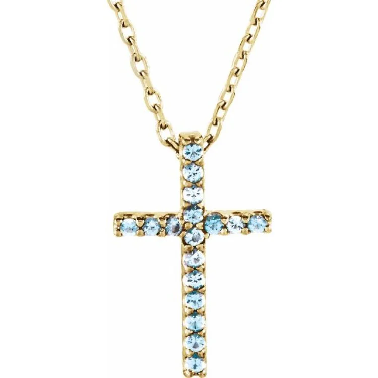 Women’s pearl necklaces-14K Yellow Natural Aquamarine Petite Cross 16" Necklace