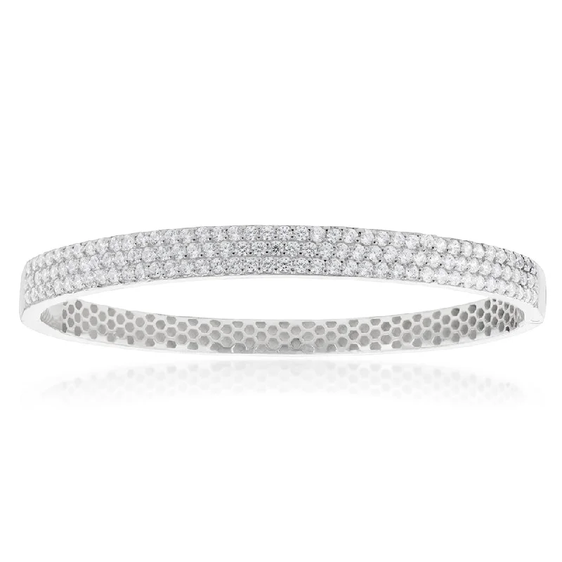 Women’s bangles with charms-Sterling Silver Broad Cubic Zirconia Studded Hinged Bangle