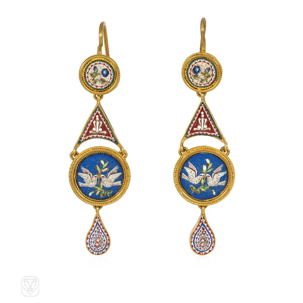 Women’s vintage crystal earrings-Antique gold micromosaic earrings with doves, Vatican