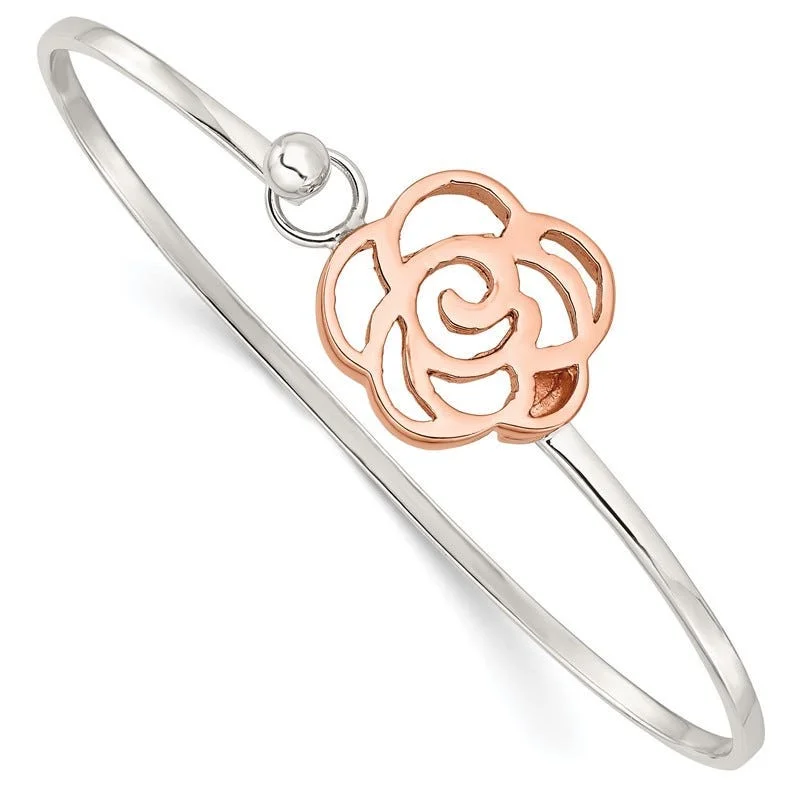 Women’s hammered bangles-Sterling Silver Rose-tone Polished Flower Bangle