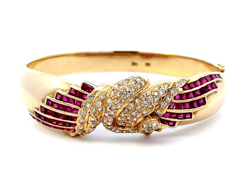 Women’s minimalist bangles-Diamond Swan and Ruby Bangle in 14k Yellow Gold