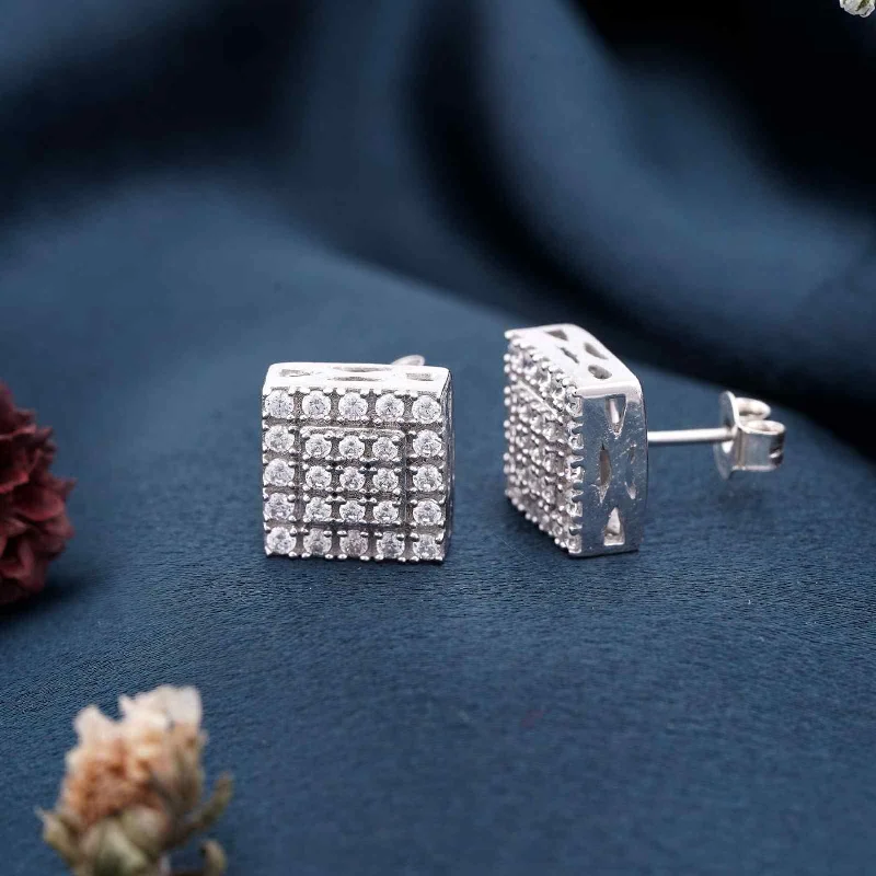 Women’s diamond earrings-Silver Zircon Unisex Square Studs