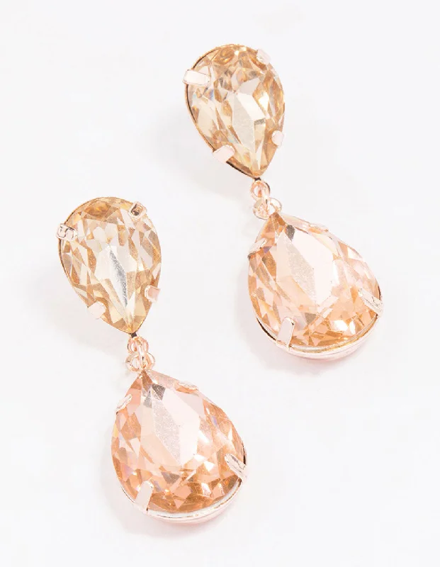 Women’s bar earrings-Rose Gold Double Pear Diamante Drop Earrings